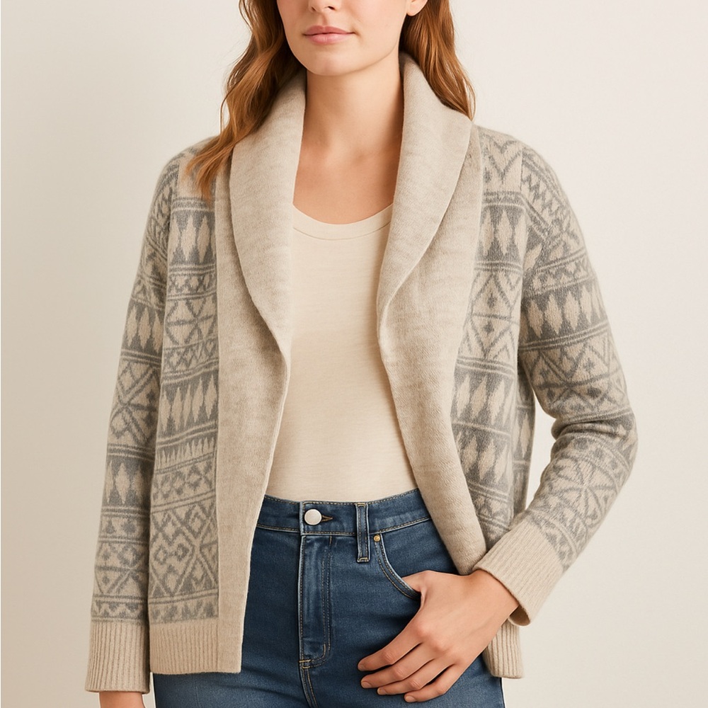 Lucky Brand Women’s Shawl Collar Cardigan Sweater Nordic Fair Isle Gray Ivory